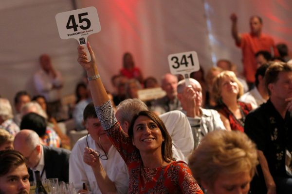 Eva Bertran of Gloria Ferrer holds her bidding paddle high for the Fund-a-Future segment of the Sonoma Harvest Wine Auction to support children in the local community, at Chateau St. Jean in Kenwood, California on Sunday, September 4, 2016. (Alvin Jornada / The Press Democrat)